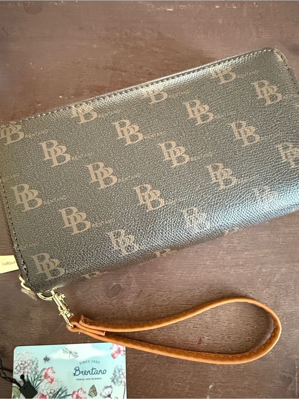 Brentano Brown Logo Double Zip-Around Wristlet Clutch
